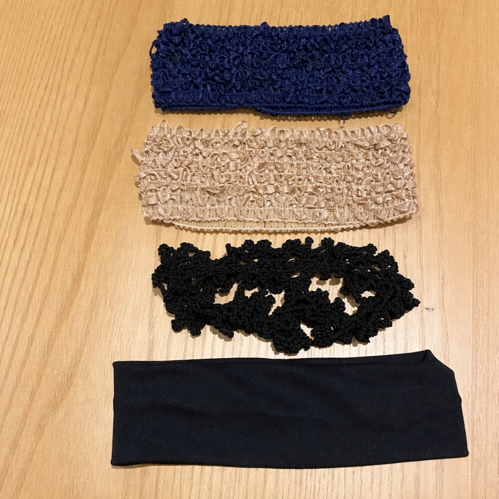 Head bands, Stretch. Black, tan, blue. 6 total.
